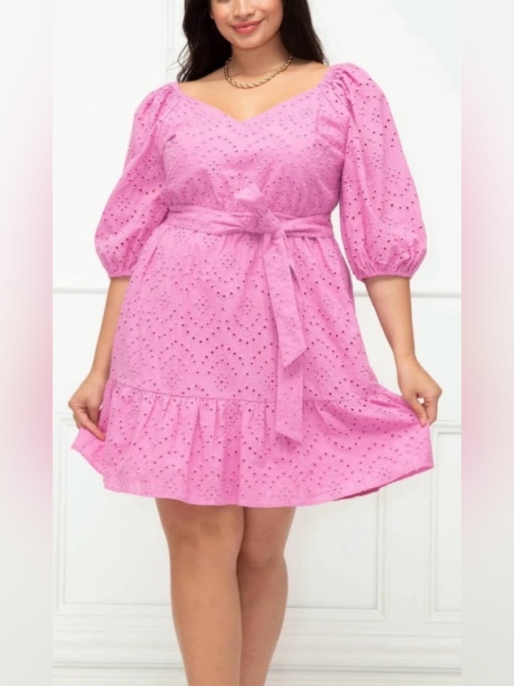 ELOQUII Elements Pink Eyelet Belted Dress Puff Elbow Sleeves Ruffle Hem Size 16